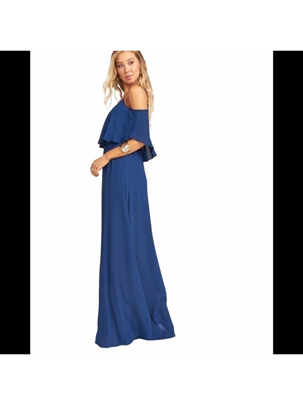 NWOT Show Me Your Mumu Caitlin ruffle Maxi Dress SZ S Navy Crisp - Picture 2 of 11